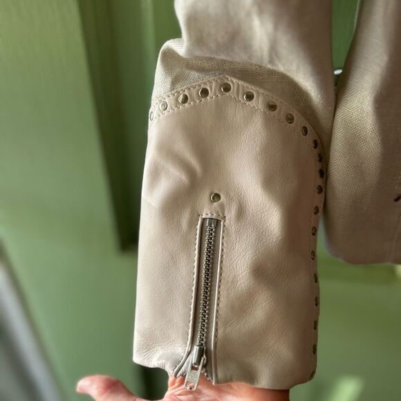 New LaMarque Tan Leather Linen moto biker studded zips Jacket small - Picture 5 of 13
